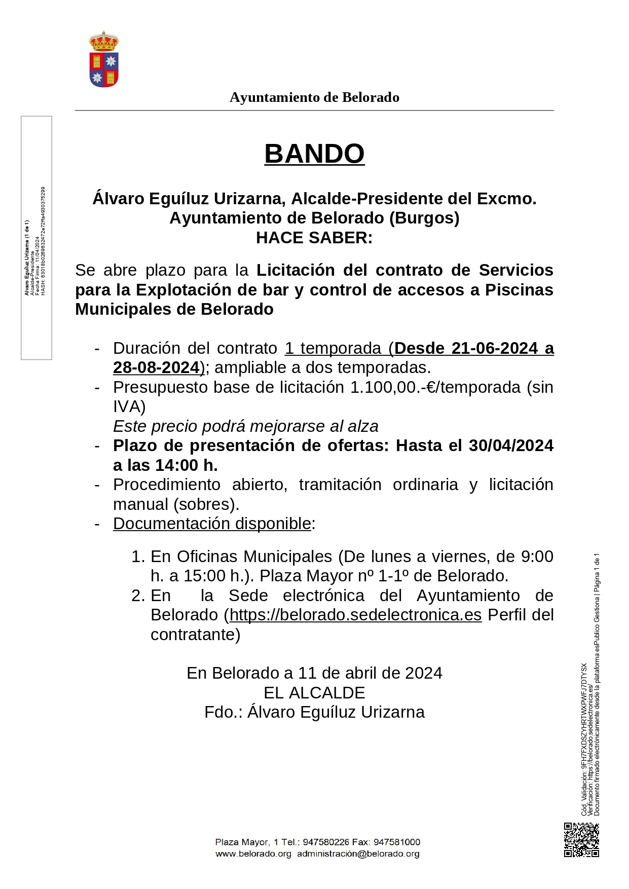 Bando Explotación del bar y control de accesos a piscinas municipales 2024