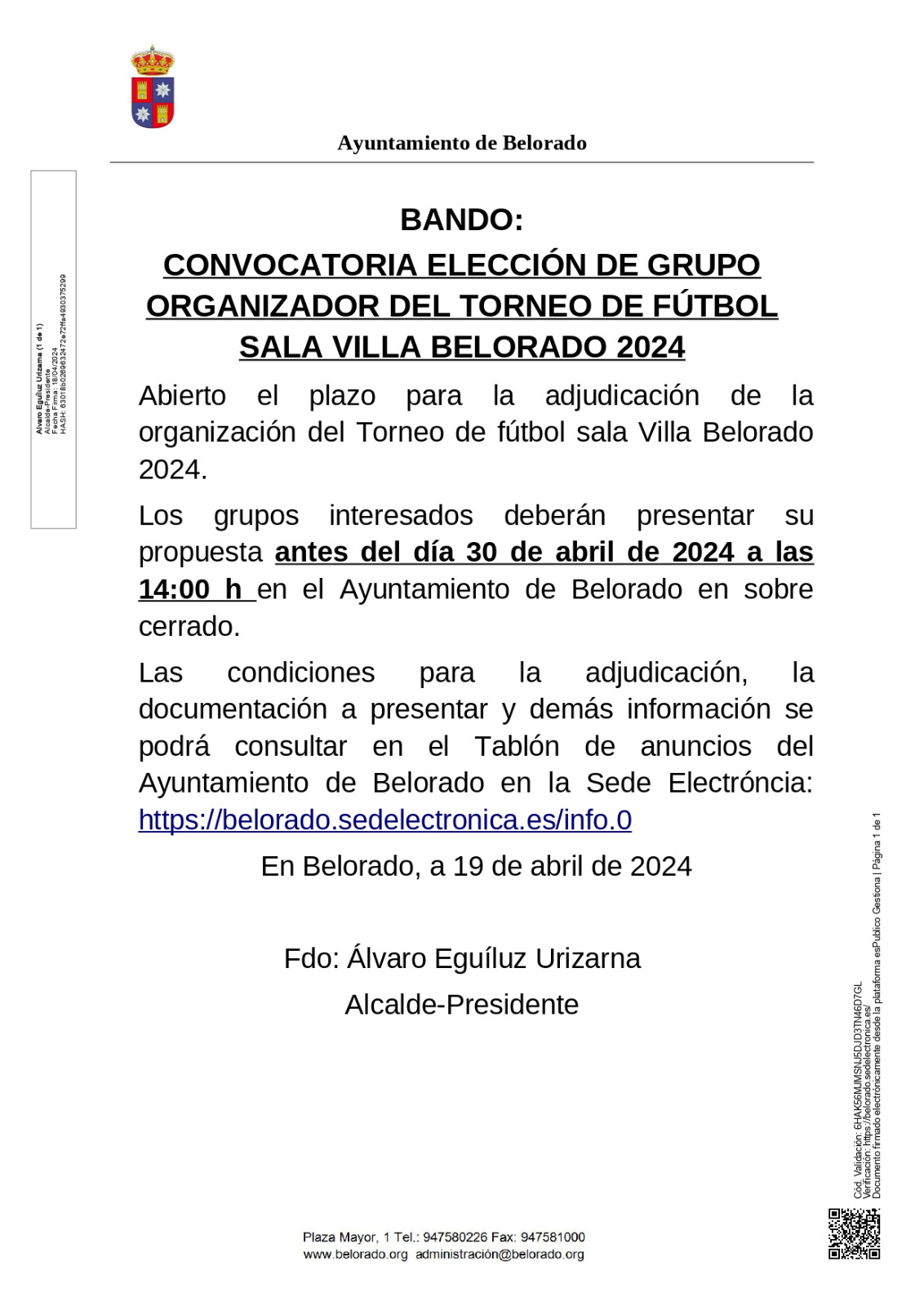 Bando: Elección del grupo organizador del Torneo de fútbol sala Villa Belorado 2024
